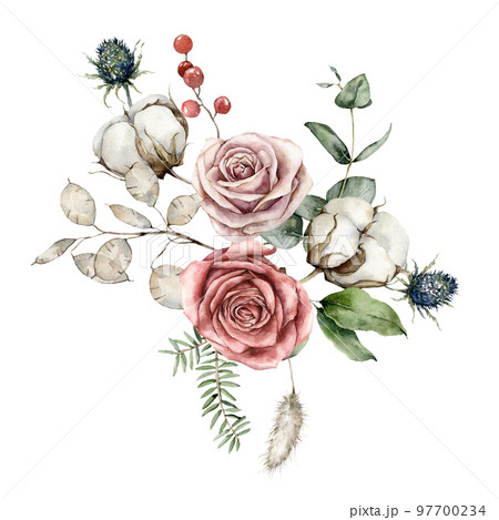 Watercolor Christmas bouquet of flowers with pink roses, cotton, blue Thistle and lunaria. Hand painted holiday card isolated on white background. Illustration for design, print or background. 97700234