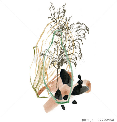 Watercolor abstract composition of pencil vases and linear pampas grass. Hand painted linear card of plant isolated on white background. Floral illustration for design, print, fabric or background. 97700438