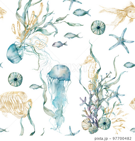 Watercolor underwater seamless pattern of gold fish, seahorse, laminaria and coral. Underwater animals and plant isolated on white background. Aquatic illustration for design, print or background. 97700482