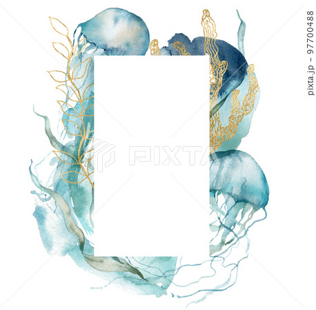 Watercolor abstract frame of shell, jellyfish, gold laminaria and linear corals. Underwater animals and plant isolated on white background. Aquatic illustration for design, print or background. Watercolor abstract frame of shell, jellyfish, gold laminaria and linear corals. Underwater animals and plant isolated on white background. Aquatic illustration for design, print or background. 97700488