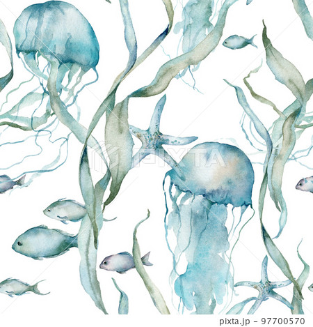 Watercolor tropical seamless pattern of jellyfish, fish, starfish and laminaria. Underwater animals and plant isolated on white background. Aquatic illustration for design, print or background. 97700570