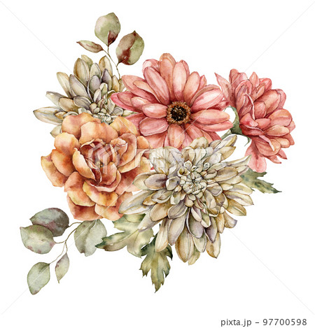 Watercolor autumn bouquet of dahlia, aster, rose and leaves. Hand painted meadow flowers isolated on white background. Floral wild illustration for design, print, fabric or background. 97700598