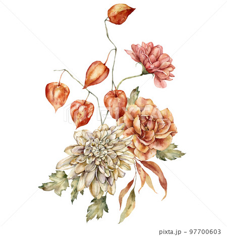 Watercolor autumn bouquet of dahlia, rose, physalis and leaves. Hand painted meadow flowers isolated on white background. Floral wild illustration for design, print, fabric or background. Watercolor autumn bouquet of dahlia, rose, physalis and leaves. Hand painted meadow flowers isolated on white background. Floral wild illustration for design, print, fabric or background. 97700603
