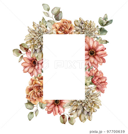 Watercolor autumn frame of aster, dahlia, rose and leaves. Hand painted border of meadow flowers isolated on white background. Floral wild illustration for design, print, fabric or background. 97700639
