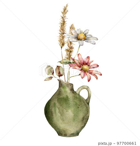 Watercolor autumn bouquet in vase of flowers and dry spikelet. Hand painted meadow aster and leaves isolated on white background. Floral wild illustration for design, print, fabric or background. 97700661