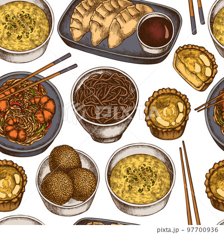 Asian food seamless pattern background design. Engraved style. Hand drawn jiaozi, jian dui, egg tart, noodles with shrimp, egg soup, noodles bowl. 97700936