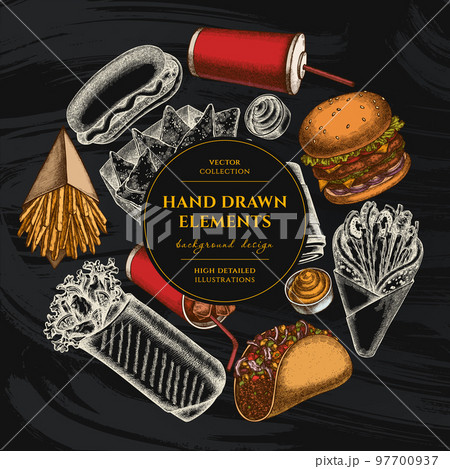 Street food circle design. Hand drawn sauces, nachos, soda, gyros, burger, taco, shawarma, french fries, hot dog, paper cup. 97700937