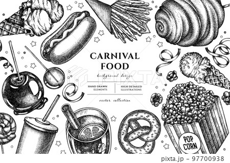 Carnival food hand drawn illustration design. Background with sketch french fries, pretzel, popcorn, lemonade, hot dog, mulled wine, caramel apple, cotton candy, ice cream cones, lollipop, ribbons. 97700938