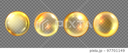 Castor oil, gold collagen circle set, 3D vector orange bubble kit, beauty vitamin product ball icon 97701149