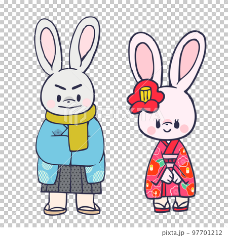 着物をきた2匹のうさぎ手描きイラスト 97701212