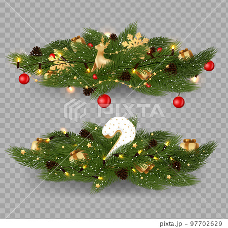 Christmas decoration set of Christmas fir garlands with poinsettia, red berries, cones and jingle bells. 97702629