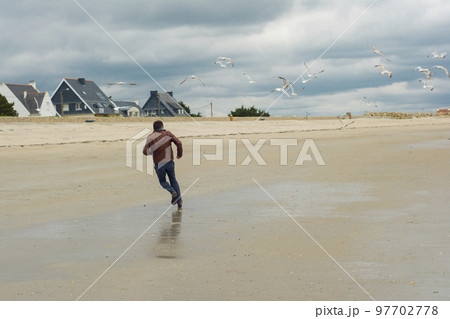 The man runs away. Group of seagull birds. 97702778