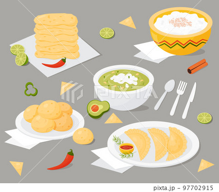 Set Latin American national food. Mexican Empanadas, Brazilian cheese bread, green soup with avocado, milk rice pudding, corn tortillas on plate with lime slices and chili peppers. Vector 97702915