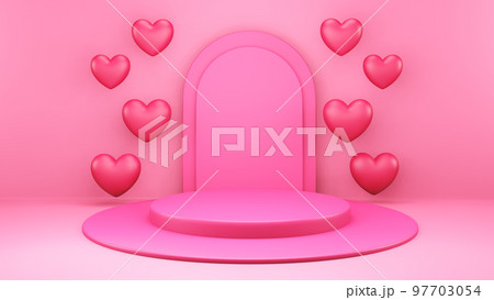 3d render of valentine and design composition. Abstact 3d geometric shapes backdrop for holiday concept. 3d pink background with balloons. Round stage podium. Balloons and gifts 97703054