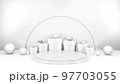 Empty stage with podium and Christmas decorations. Minimal mockup xmas winter scene. Christmas trees and gift boxes on pure white greay background with copy space, front view. 3d render illustration. 97703055