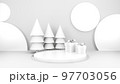 Empty stage with podium and Christmas decorations. Minimal mockup xmas winter scene. Christmas trees and gift boxes on pure white greay background with copy space, front view. 3d render illustration. 97703056