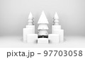 Empty stage with podium and Christmas decorations. Minimal mockup xmas winter scene. Christmas trees and gift boxes on pure white greay background with copy space, front view. 3d render illustration. 97703058