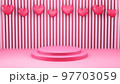 3d render of valentine and design composition. Abstact 3d geometric shapes backdrop for holiday concept. 3d pink background with balloons. Round stage podium. Balloons and gifts 97703059