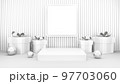 Empty stage with podium and Christmas decorations. Minimal mockup xmas winter scene. Christmas trees and gift boxes on pure white greay background with copy space, front view. 3d render illustration. 97703060