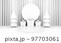 Empty stage with podium and Christmas decorations. Minimal mockup xmas winter scene. Christmas trees and gift boxes on pure white greay background with copy space, front view. 3d render illustration. 97703061