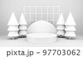 Empty stage with podium and Christmas decorations. Minimal mockup xmas winter scene. Christmas trees and gift boxes on pure white greay background with copy space, front view. 3d render illustration. 97703062
