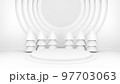 Empty stage with podium and Christmas decorations. Minimal mockup xmas winter scene. Christmas trees and gift boxes on pure white greay background with copy space, front view. 3d render illustration. 97703063