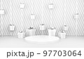 Empty stage with podium and Christmas decorations. Minimal mockup xmas winter scene. Christmas trees and gift boxes on pure white greay background with copy space, front view. 3d render illustration. 97703064