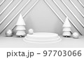 Empty stage with podium and Christmas decorations. Minimal mockup xmas winter scene. Christmas trees and gift boxes on pure white greay background with copy space, front view. 3d render illustration. 97703066