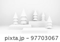 Empty stage with podium and Christmas decorations. Minimal mockup xmas winter scene. Christmas trees and gift boxes on pure white greay background with copy space, front view. 3d render illustration. 97703067