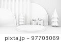 Empty stage with podium and Christmas decorations. Minimal mockup xmas winter scene. Christmas trees and gift boxes on pure white greay background with copy space, front view. 3d render illustration. 97703069