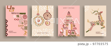 Merry Christmas greeting card collection set in ethinc doodles shapes Merry Christmas greeting card collection set in ethinc doodles shapes 97703575