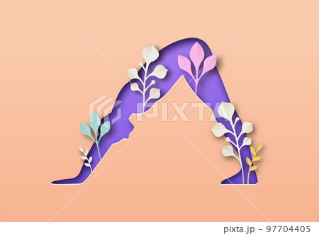 Paper cut yoga downward dog pose nature leaf 97704405