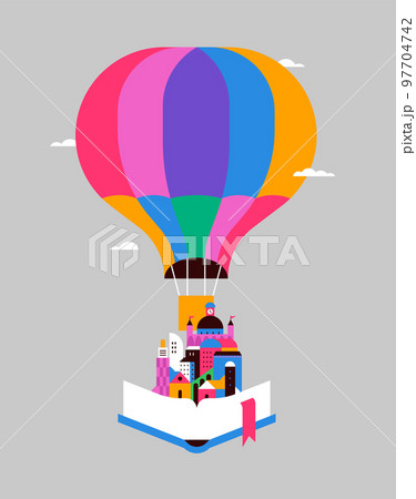 Open book city flying in hot air balloon isolated Open book city flying in hot air balloon isolated 97704742