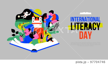 Literacy Day web template open book story people 97704746