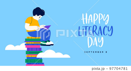 Literacy Day card cute kid reading book in sky 97704781