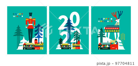 New Year 2022 flat scandinavian winter card set New Year 2022 flat scandinavian winter card set 97704811