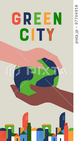 Green city planet earth cartoon banner concept 97704958