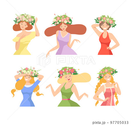 Young Female with Splendid Hair Having Floral Wreath on Her Head Vector Set 97705033