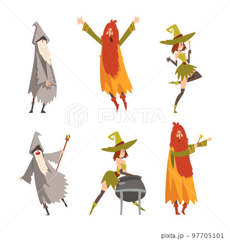 Man and Woman Sorcerer and Witch in Pointed Hat Practicing Wizardry and Witchcraft with Magic Wand and Cauldron Vector Set 97705101