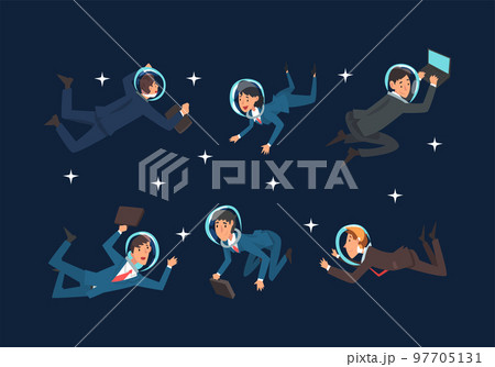 Business Man and Woman Characters in Suit and Astronaut Helmets Flying in Outer Space Among Stars Vector Set 97705131