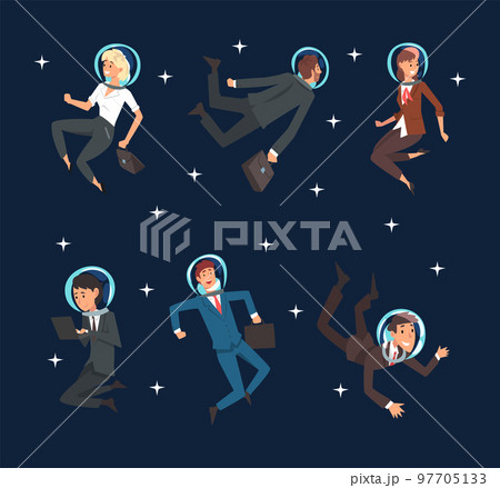 Business Man and Woman Characters in Suit and Astronaut Helmets Flying in Outer Space Among Stars Vector Set Business Man and Woman Characters in Suit and Astronaut Helmets Flying in Outer Space Among Stars Vector Set 97705133