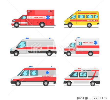 Ambulance as Medically Equipped Vehicle for Transporting Patient to Hospital Vector Set 97705189