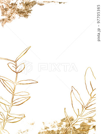 Watercolor golden card with linear branch. Hand painted holiday card with eucalyptus leaves on white background. Spring illustration for design, print, fabric or background. 97705365
