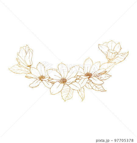 Watercolor golden magnolias border. Hand painted floral card with flowers, leaves, branch and buds isolated on white background. Spring line art illustration for design, print, fabric or background. 97705378