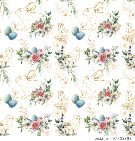 Watercolor seamless pattern with golden rabbit and bird. Hand painted holiday egg, line art anemone and lavender isolated on white background. Spring illustration for design, fabric, background. 97705398