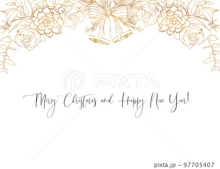 Watercolor Christmas banner with golden floral decor. Hand painted holiday phrase, bells and pine cones isolated on white background. Template for new year. Line art illustration for design or print. Watercolor Christmas banner with golden floral decor. Hand painted holiday phrase, bells and pine cones isolated on white background. Template for new year. Line art illustration for design or print. 97705407