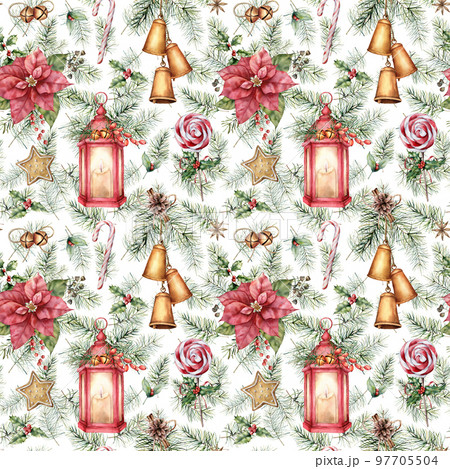 Watercolor Christmas seamless pattern with symbols for holiday. Hand painted lantern, poinsettia and bells isolated on white background. Winter botanical illustration for design, print or background. 97705504