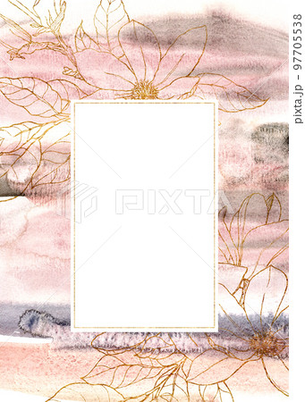 Watercolor line art vertical card with magnolia and leaves. Hand painted abstract frame with flowers, pink and blue texture. Floral golden illustration for design, print, fabric or background. Watercolor line art vertical card with magnolia and leaves. Hand painted abstract frame with flowers, pink and blue texture. Floral golden illustration for design, print, fabric or background. 97705538