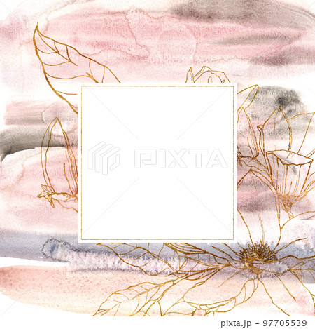 Watercolor line art card with magnolia and leaves. Hand painted abstract frame with flowers, pink and blue texture. Floral golden illustration for design, print, fabric or background. 97705539