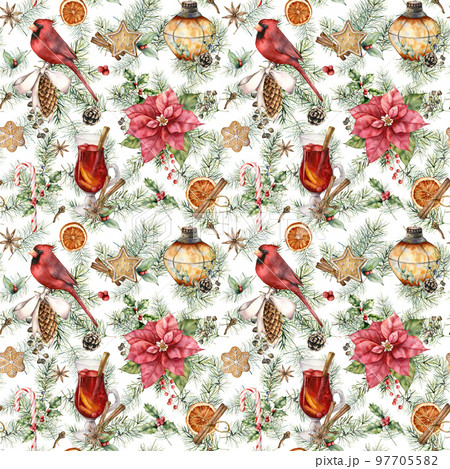 Watercolor Christmas seamless pattern with poinsettia and cardinal. Hand painted lantern, cookies and mulled wine isolated on white background. Illustration for design, print, fabric or background. Watercolor Christmas seamless pattern with poinsettia and cardinal. Hand painted lantern, cookies and mulled wine isolated on white background. Illustration for design, print, fabric or background. 97705582